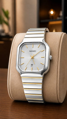 SKMEI Square Dial Luxury Watch – Silver & Gold Edition